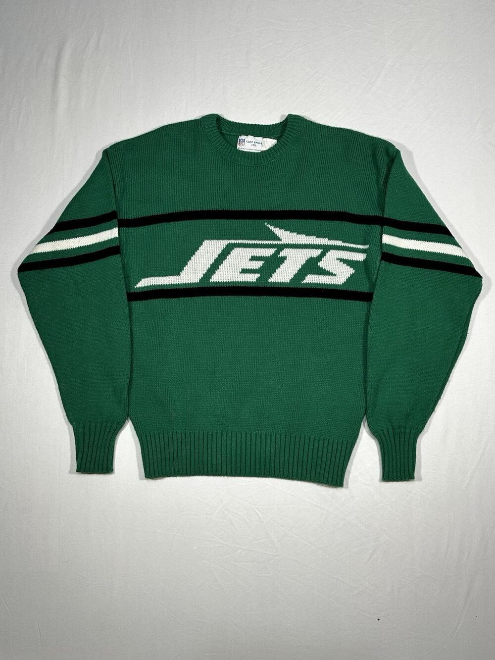 Vintage Cliff Engle New York Jets NFL Sweater Adult Medium Green Made in USA 80s